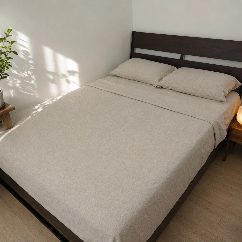 Atlinia Unisex Fitted & Flat Sheet Set Full/Queen Oatmeal Beige 100% Linen - Picture 1 of 8